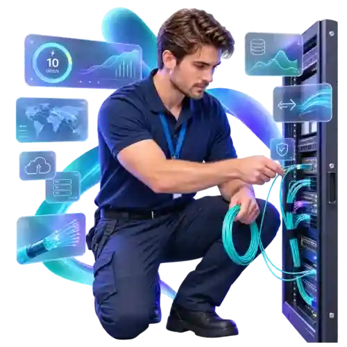 10 Gbit fiber bağlantısı bağlayan personel
